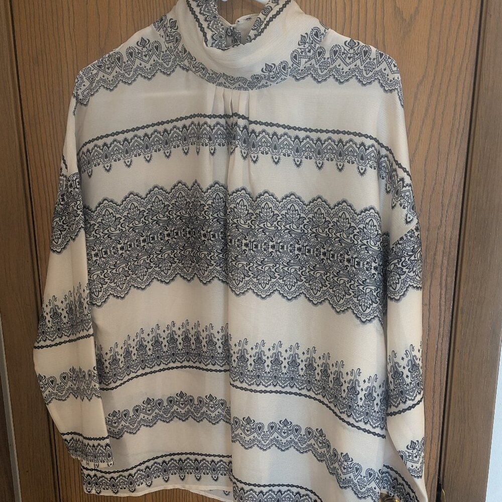 NWT NY and Co. Loose Fit Flow Blouse‎ Black/Cream 3 Button Keyhole Collar-XL